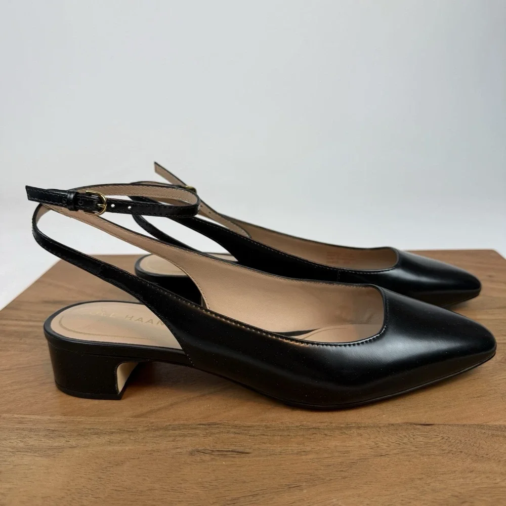 New NWOB Womens Cole Haan Paden Ankle Strap Black Leather Slingback Sandals 7.5B